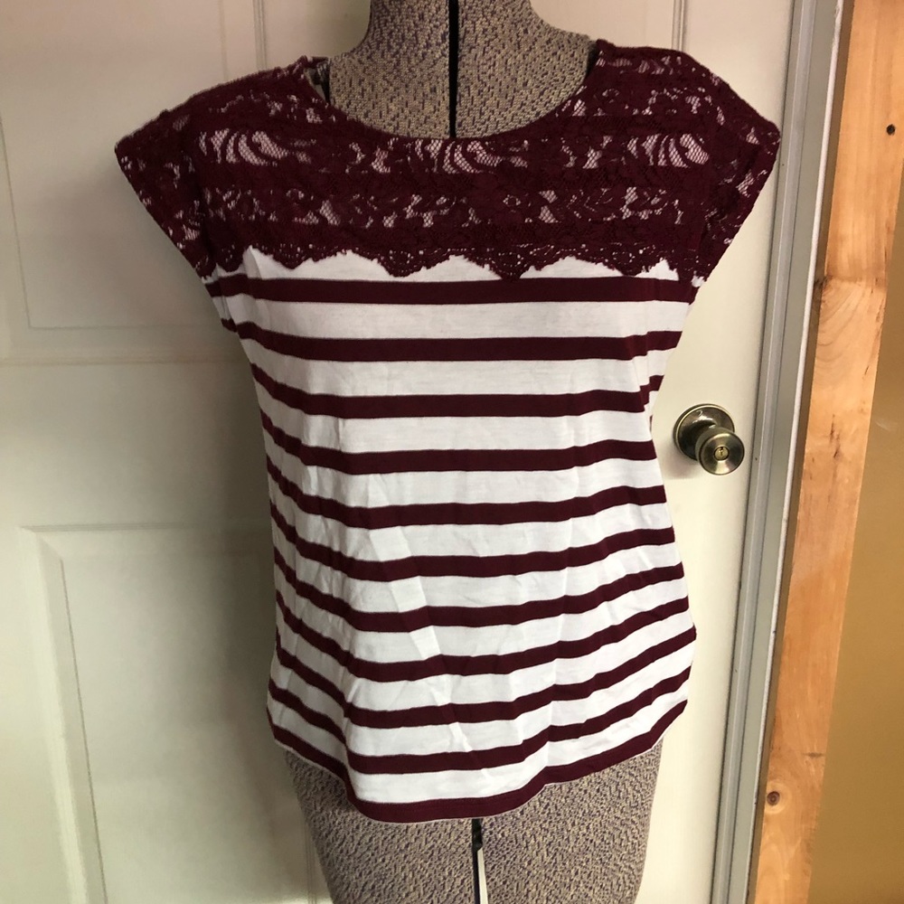 Cotton Cap Sleeve Tee Burgundy Lace White Striped